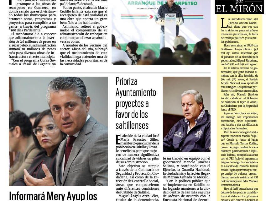 Portada RCG Media [26 de enero de 2024] Siguen en marcha las obras sociales en todo Coahuila; informará Mery Ayup avances en temas de justicia y más…