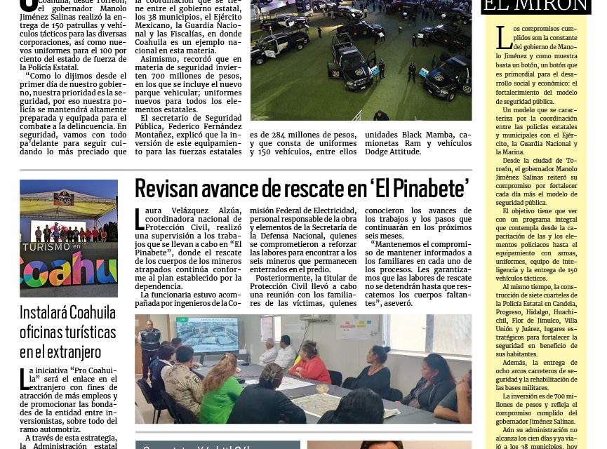 Portada RCG Carbonífera [21 de febrero de 2024] Presenta Manolo Jiménez Fortalecimiento al Modelo de Seguridad; buscan a mujer asaltante en Múzquiz y más…