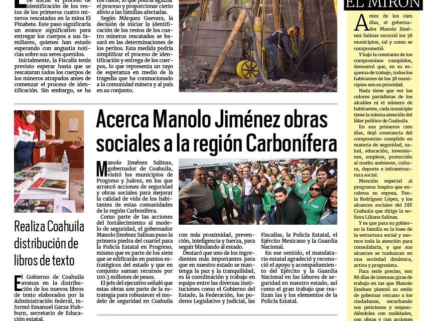 Portada RCG Carbonífera [24 de febrero de 2024] Identificarán restos de mineros rescatados en Mina El Pinabete; Padres de familia del CBTis 20 donan vehículo y más…