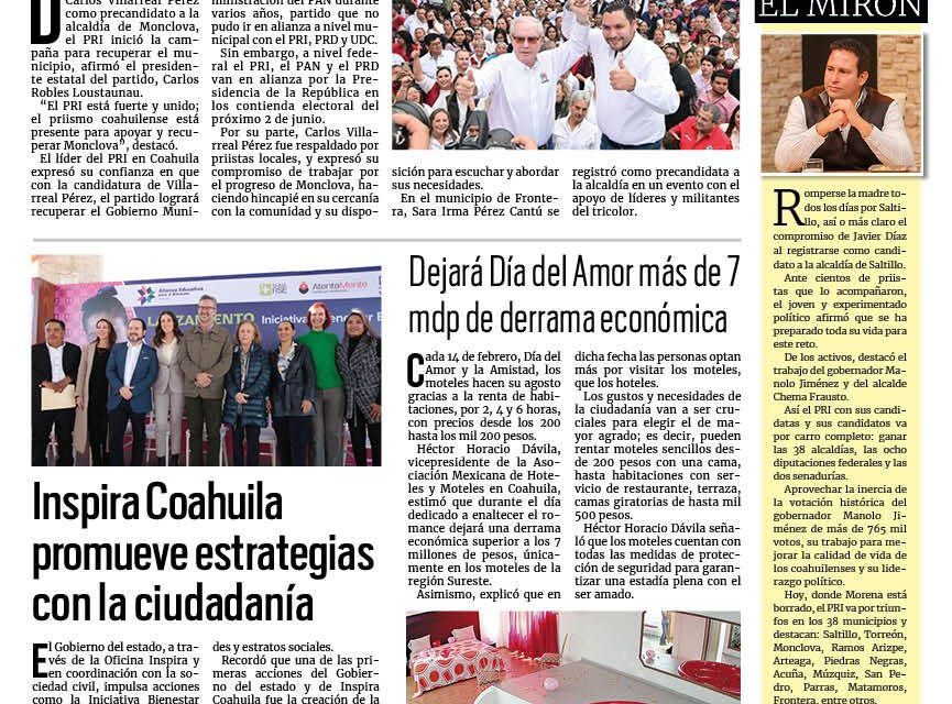 Portada RCG Centro [11 de febrero de 2024] El PRI recuperará Monclova, asegura líder estatal; Difícil reactivar AHMSA, más viable hacer empresa nueva: especialista y más…