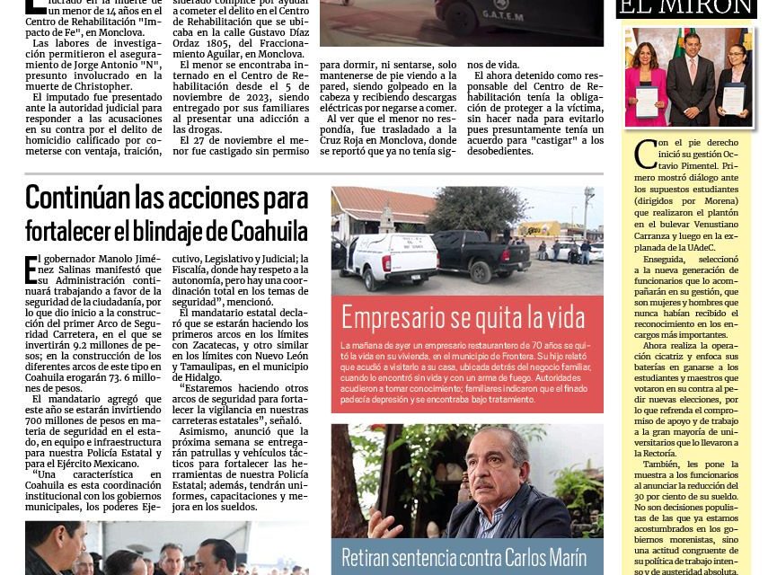 Portada RCG Centro [15 de febrero de 2024] Detienen a tercer involucrado por muerte de menor en anexo; señalan corrupción dentro del Ministerio Público de Monclova y más…