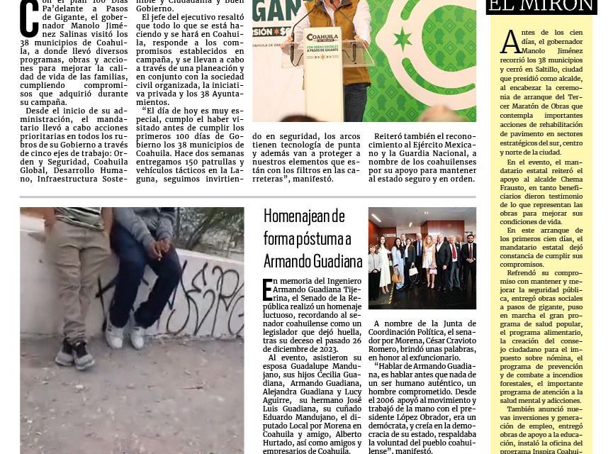 Portada RCG Centro [29 de febrero de 2024] Cumple Manolo Jiménez en los 38 municipios; resuelven caso de secuestro virtual en Monclova y más…