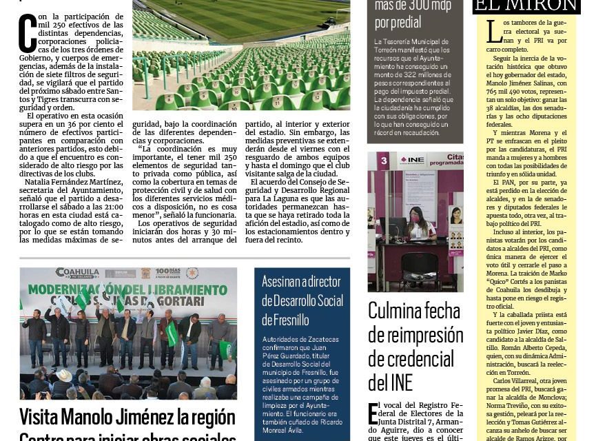 Portada RCG Lagunera [8 de febrero de 2024] Implementarán operativo de seguridad en eventos deportivos; Invitan a sumarse al Club del Diabético y más…