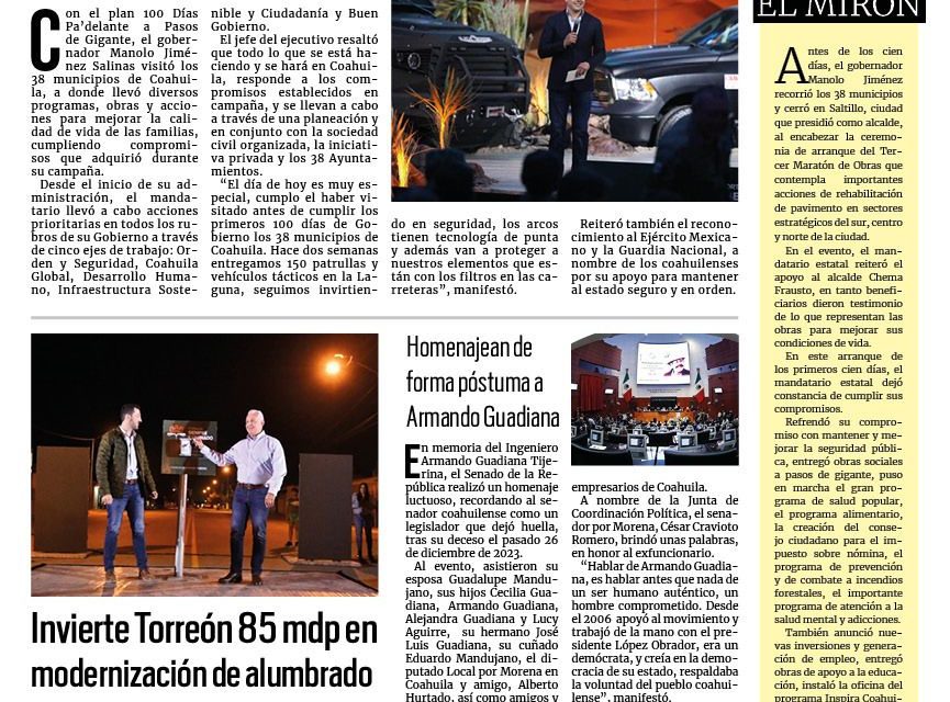 Portada RCG Lagunera [29 de febrero de 2024] Cumple Manolo Jiménez en los 38 municipios; festejan en Torreón el Día del Empacador Voluntario y más…