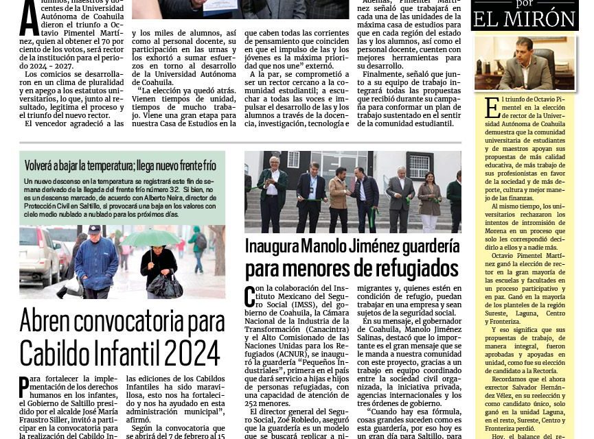 Portada RCG Media [1 de febrero de 2024] Legitima comunidad universitaria triunfo de Octavio Pimentel; Inaugura Manolo Jiménez guardería para menores de refugiados y más…