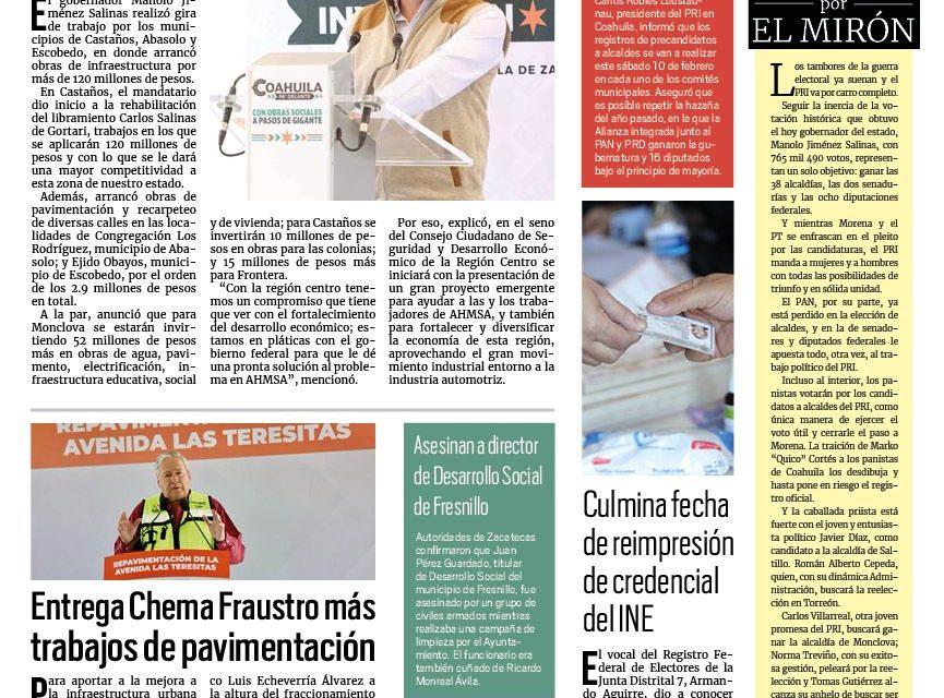 Portada RCG Media [8 de febrero de 2024] Visita Manolo Jiménez la región Centro para iniciar obras sociales; entrega Chema Fraustro más trabajos de pavimentación y más…