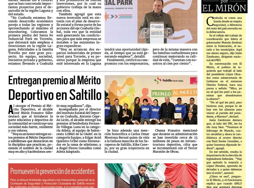 Portada RCG Media [14 de febrero de 2024] Arribarán más inversiones a Coahuila: Manolo Jiménez; entregan premio al Mérito Deportivo en Saltillo y más…