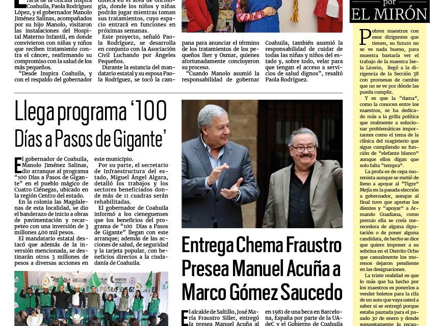 Portada RCG Media [18 de febrero de 2024] Coahuila refrenda compromiso en la lucha contra el cáncer infantil; Entrega Chema Fraustro Presea Manuel Acuña a Marco Gómez Saucedo y más…
