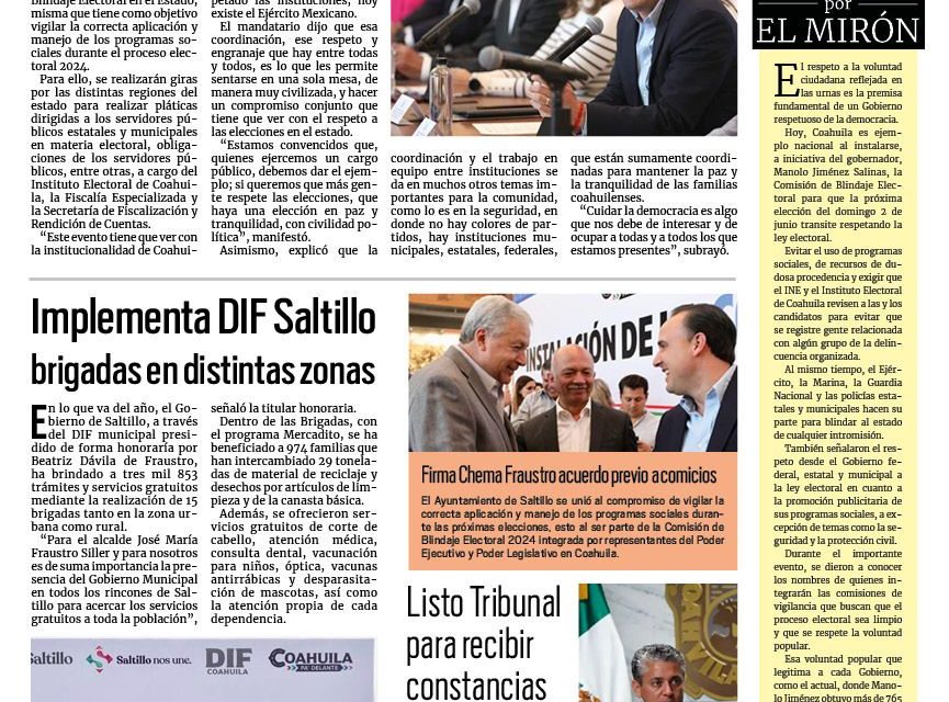 Portada RCG Media [27 de febrero de 2024] Se instala la Comisión de Blindaje Electoral en Coahuila; implementa DIF Saltillo brigadas en distintas zonas y más…