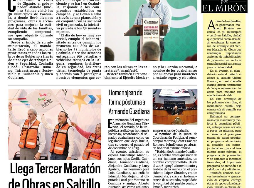 Portada RCG Media [29 de febrero de 2024] Cumple Manolo Jiménez en los 38 municipios; llegará Tercer Maratón de Obras en Saltillo y más…