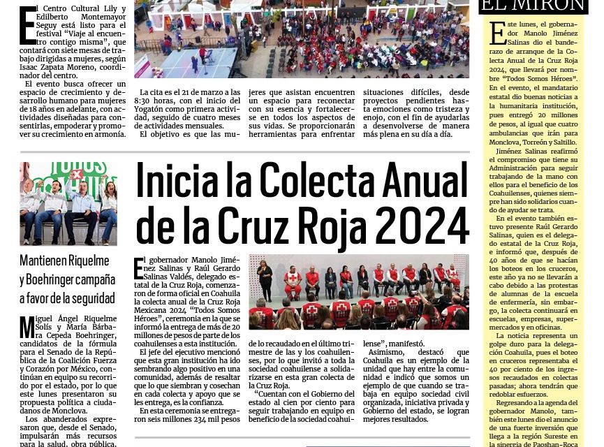 Portada RCG Carbonífera [5 de marzo de 2024] Alista Centro Cultural eventos para las mujeres; mantendrán acciones sociales en Sabinas y más…
