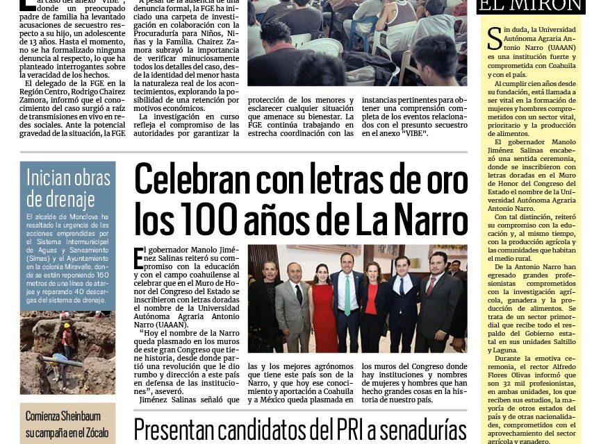 Portada RCG Centro [02 de marzo de 2024] FGE investiga presunto secuestro de menor en anexo «VIBE»; nuevos regidores toman protesta en Monclova  y más…