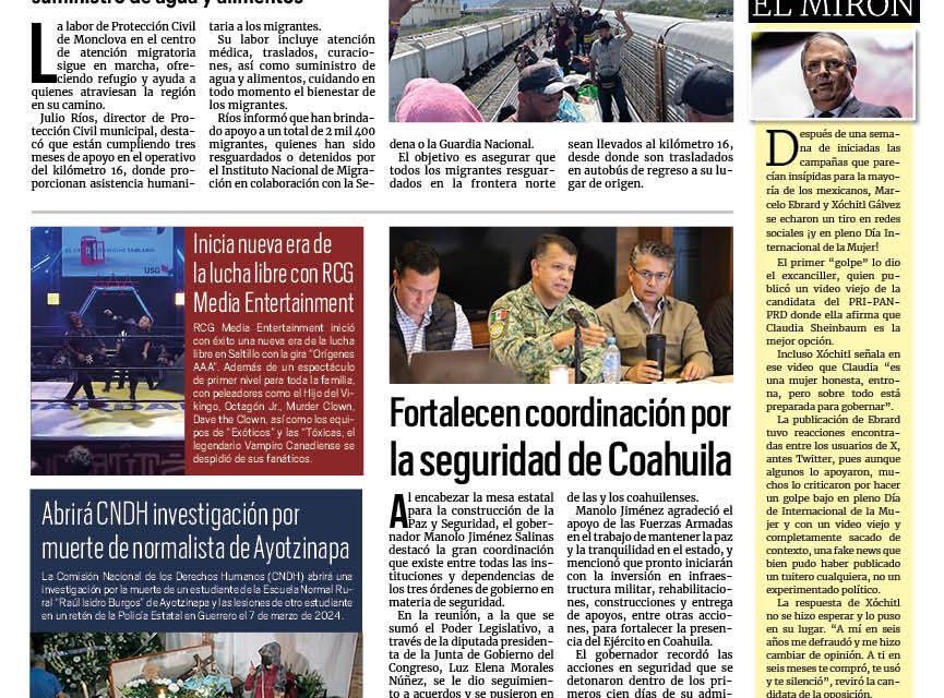 Portada RCG Centro [10 de marzo de 2024] Apoya Protección Civil a migrantes; tragedia en Mineral de Palaú; Alistan operativo vacacional en San Buenaventura y más…