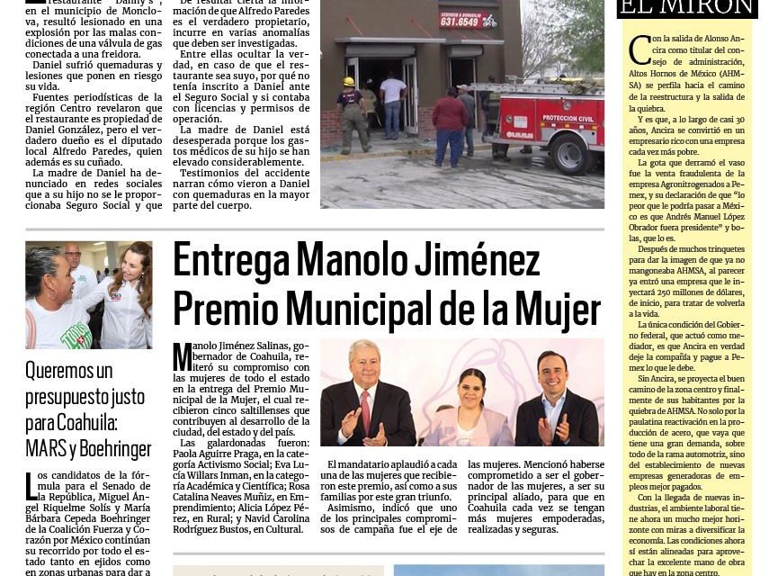 Portada RCG Centro [12 de marzo de 2024] Restaurante donde joven resultó quemado sería de Alfredo Paredes; ofrece UAdeC inscripciones a 10 pesos y más…
