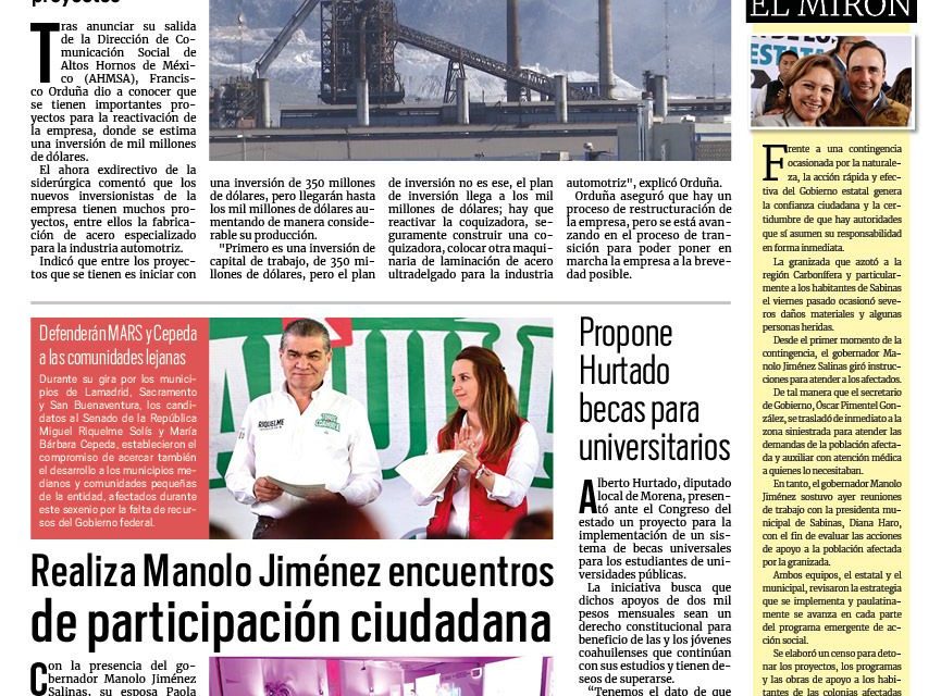 Portada RCG Centro [21 de marzo de 2024] AHMSA tendría inversión de hasta mil millones de dólares; señalan mala organización en proceso de plaqueo y más…