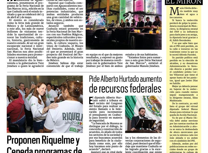 Portada RCG Fronteriza [08 de marzo de 2024] Será Coahuila estado Invitado en la Feria de San Marcos; alistan operativo para Semana Santa y más…