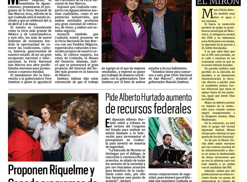 Portada RCG Lagunera [08 de marzo de 2024] Será Coahuila estado Invitado en la Feria de San Marcos; supervisa Román Cepeda brigada en el ejido La Partida y más…