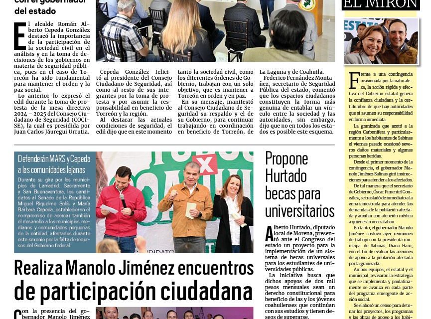 Portada RCG Lagunera [21 de marzo de 2024] Destacan participación ciudadana en materia de seguridad; exhortan a extremar precauciones durante Semana Santa y más…