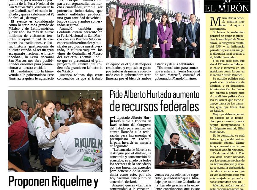 Portada RCG Media [08 de marzo de 2024] Será Coahuila estado Invitado en la Feria de San Marcos; proponen Riquelme y Cepeda programas de empoderamiento femenino  y más…