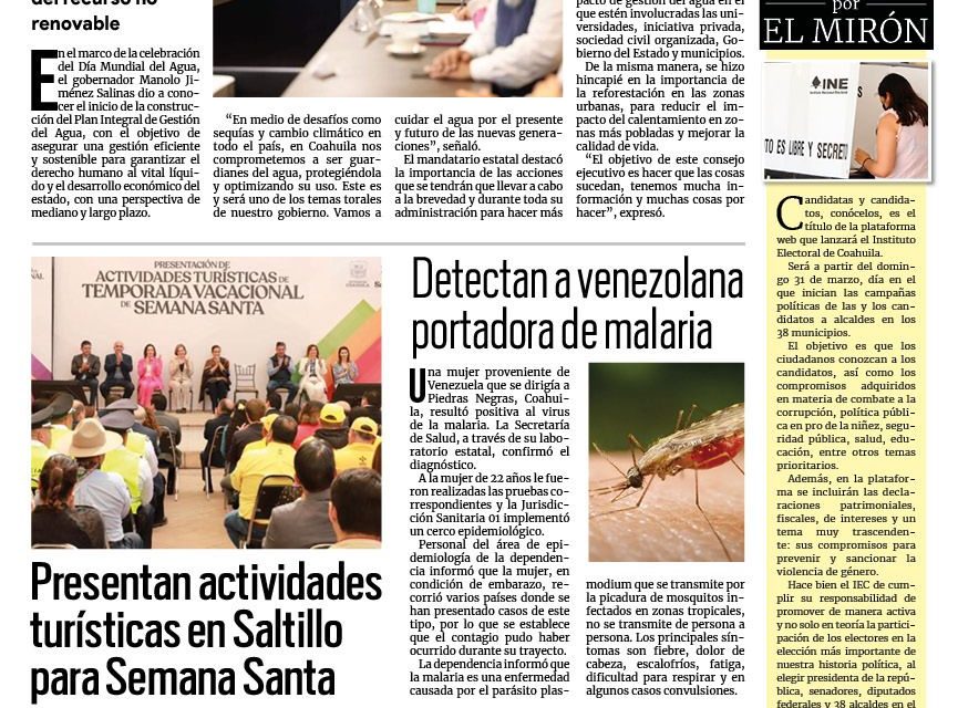 Portada RCG Media [23 de marzo de 2024] Arranca planificación del programa para el Cuidado del Agua en Coahuila; presentan actividades turísticas en Saltillo para Semana Santa y más…