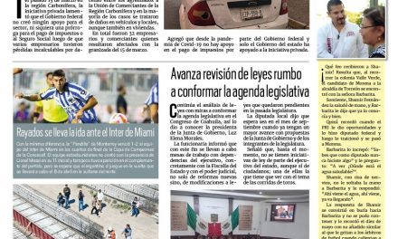 Portada RCG Carbonífera [04 de abril de 2024] Olvida Federación a afectados por granizada; hoteleros de Sabinas prevén llenos totales por eclipse y más…
