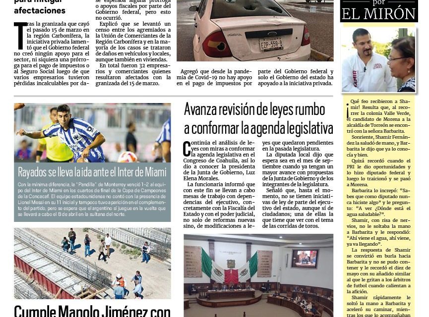 Portada RCG Carbonífera [04 de abril de 2024] Olvida Federación a afectados por granizada; hoteleros de Sabinas prevén llenos totales por eclipse y más…