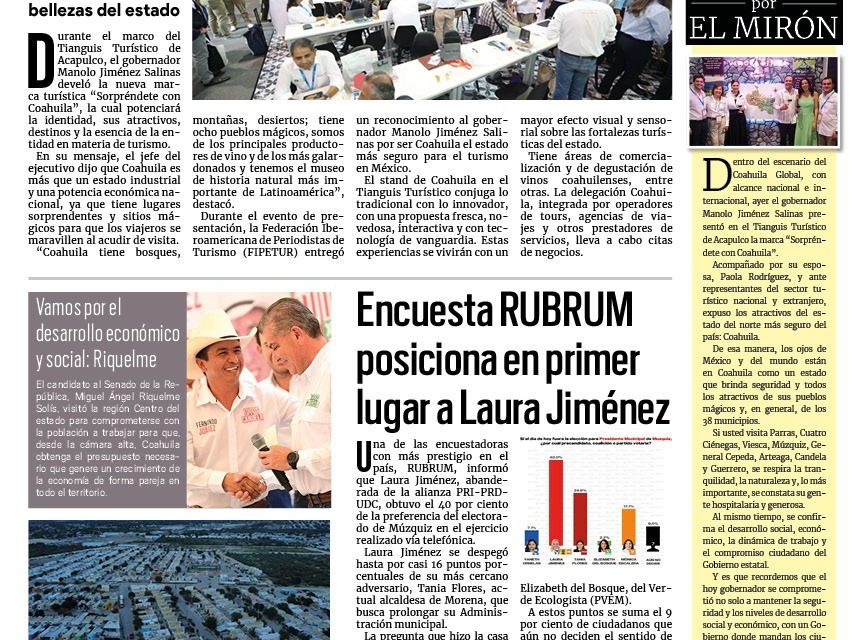 Portada RCG Carbonífera [11 de abril de 2024] Presentan en el Tianguis Turístico ‘Sorpréndete con Coahuila’; encuesta RUBRUM posiciona en primer lugar a Laura Jiménez y más…