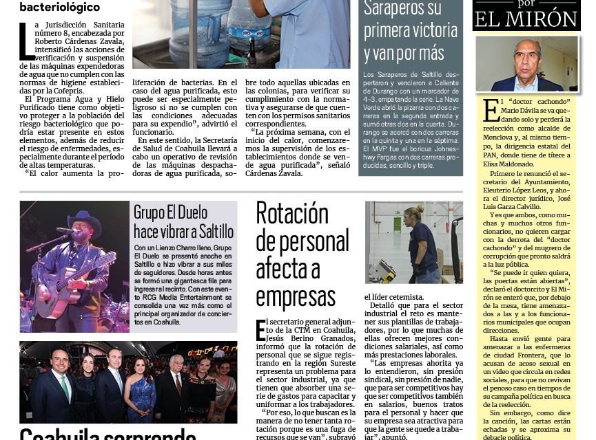 Portada RCG Carbonífera [14 de abril de 2024] Intensifican revisión de purificadoras de agua; Muere bombero en volcadura en la carretera 57 y más…