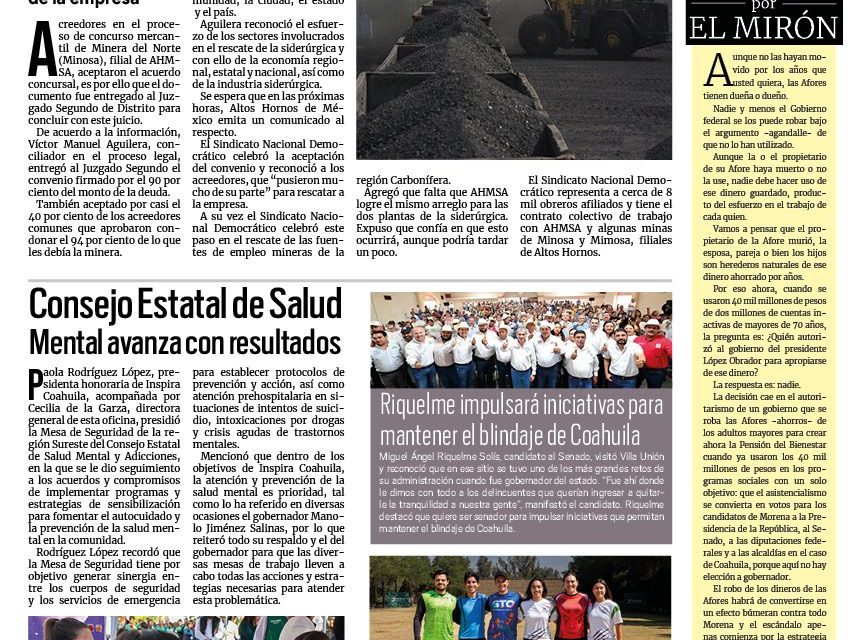 Portada RCG Carbonífera [21 de abril de 2024] Acreedores llegan a acuerdo con Minosa; Joven se quita la vida cerca de la presa ‘Don Martín’ y más…