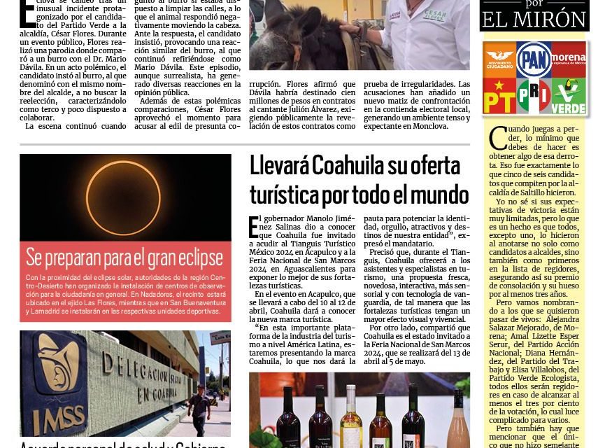 Portada RCG Centro [06 de abril de 2024] César Flores le dice burro al doctor Mario Dávila; va fórmula para el Senado en rescate de los pueblos mágicos y más…