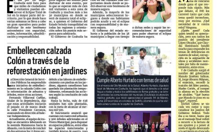 Portada RCG Lagunera [8 de abril de 2024] Está todo listo en Coahuila para el eclipse total de sol; medio Ambiente participa en taller sobre la evaluación ecológica y más…