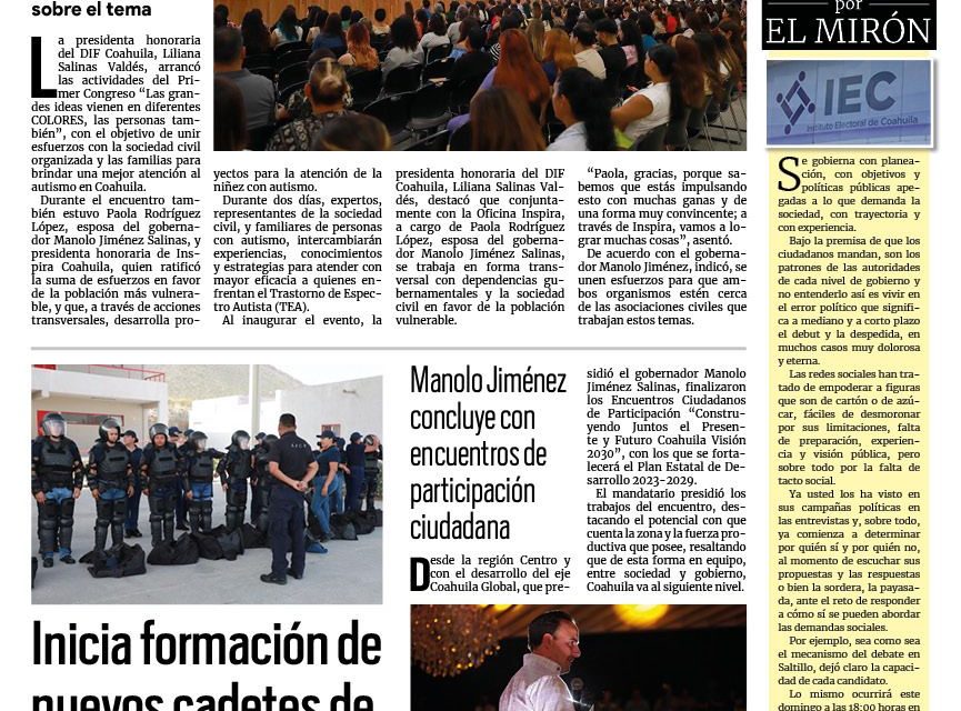 Portada RCG Media [18 de abril de 2024] Arranca DIF Coahuila Primer Congreso de autismo; inicia formación de nuevos cadetes de la Policía de Saltillo y más…
