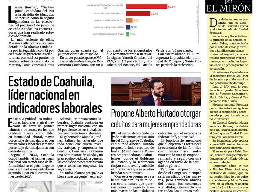 Portada RCG Carbonífera [29 de mayo de 2024] ‘Gachupina’ lidera las encuestas por Múzquiz; supervisa Diana Haro limpieza tras tormenta y más…