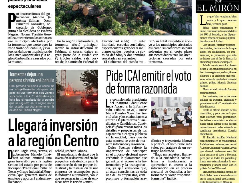Portada RCG Carbonífera [30 de mayo de 2024] Gobierno del estado atiende a afectados por tormenta; deja tormenta 25 familias damnificadas y más…