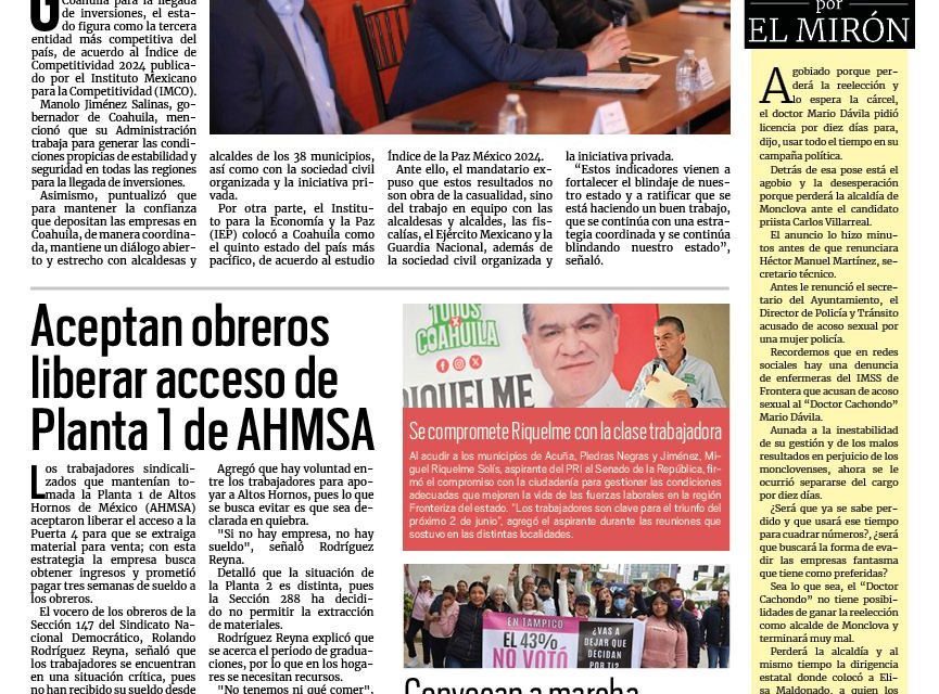 Portada RCG Centro [17 de mayo de 2024] Destaca Coahuila a nivel nacional en seguridad y competitividad; se manifiestan por presunto maltrato dentro de escuela y más…