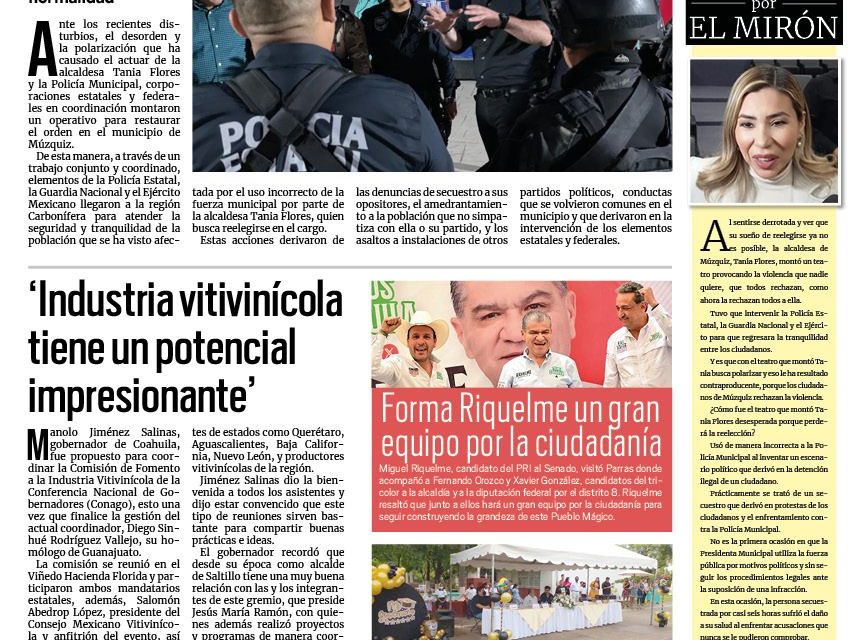 Portada RCG Centro [19 de mayo de 2024] Policía Estatal, Ejército y Guardia Nacional ponen orden en Múzquiz; Desmiente AHMSA supuestas reuniones no autorizadas y más…