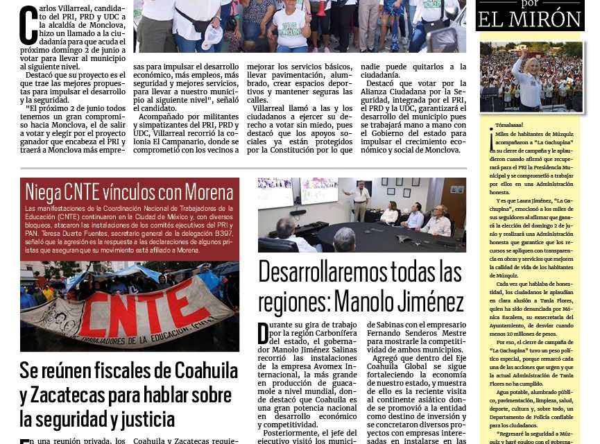 Portada RCG Centro [24 de mayo de 2024] Llama Carlos Villarreal a votar por el desarrollo; muere hombre por golpe de calor en Castaños y más…