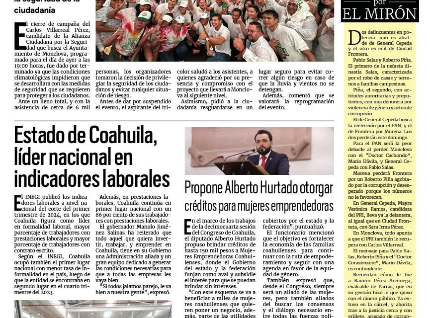 Portada RCG Centro [29 de mayo de 2024] Carlos Villarreal trabajará por el futuro de Monclova; alumnos del Aula Lego de Monclova destacan en Colombia y más…