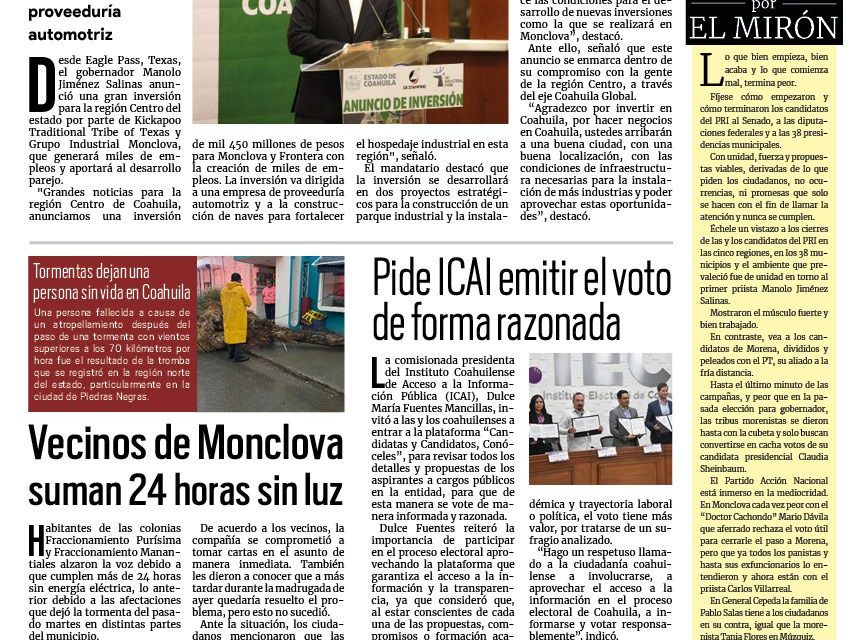 Portada RCG Centro [30 de mayo de 2024] Llegará millonaria inversión a la región Centro; avalan estado financiero de Simas Monclova y más…