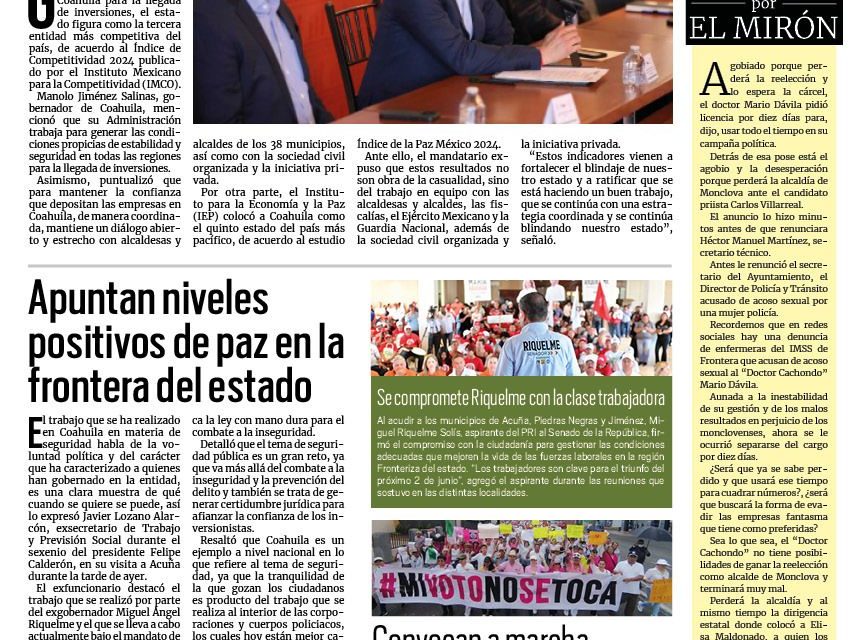 Portada RCG Fronteriza [17 de mayo de 2024] Destaca Coahuila a nivel nacional en seguridad y competitividad; promueven uso responsable del agua y más…