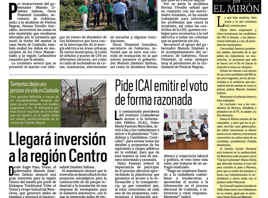 Portada RCG Fronteriza [30 de mayo de 2024] Evalúan daños tras tormenta en Piedras Negras; Acuña hará cumplir la ‘ley seca’ y más…