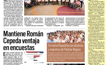 Portada RCG Lagunera [03 de mayo de 2024] Supervisa alcalde techumbre en el Centro Integral de Discapacidad; mantiene Román Cepeda ventaja en encuestas y más…