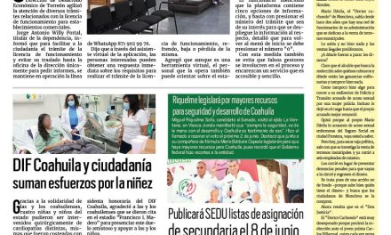 Portada RCG Lagunera [5 de mayo de 2024] Agilizan trámites comerciales con nueva línea de atención en Torreón; Mejoran accesos para peatones en la colonia Victoria y más…