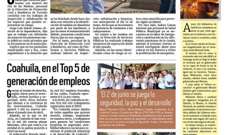 Portada RCG Lagunera [07 de mayo de 2024] Supervisan acciones de seguridad en panteones; brindan asesorías a empresas exportadoras y más…
