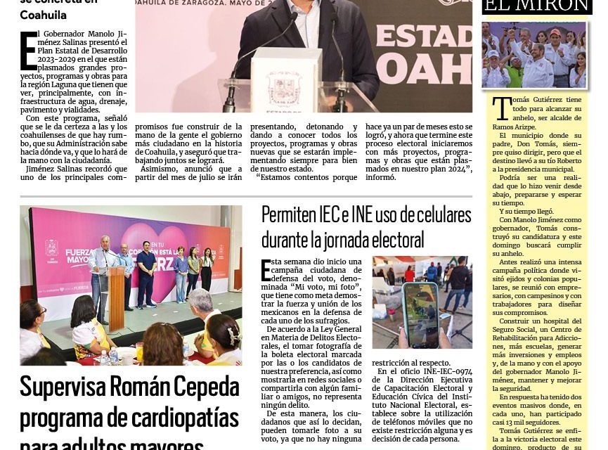 Portada RCG Lagunera [28 de mayo de 2024] Recibirá región Laguna programas del Plan Estatal de Desarrollo; garantiza Ayuntamiento seguridad durante los comicios y más…