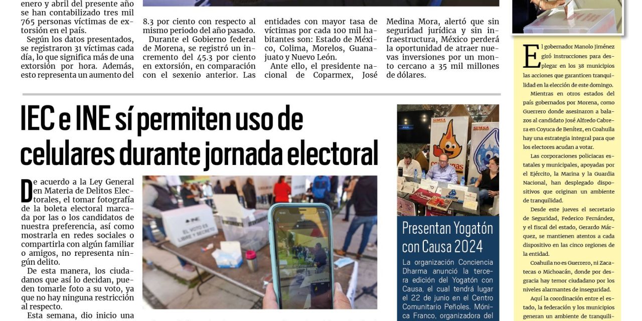 Portada RCG Lagunera [31 de mayo de 2024] Calcula Coparmex una extorsión cada hora en México; Simas Torreón distribuye pipas de agua potable y más…