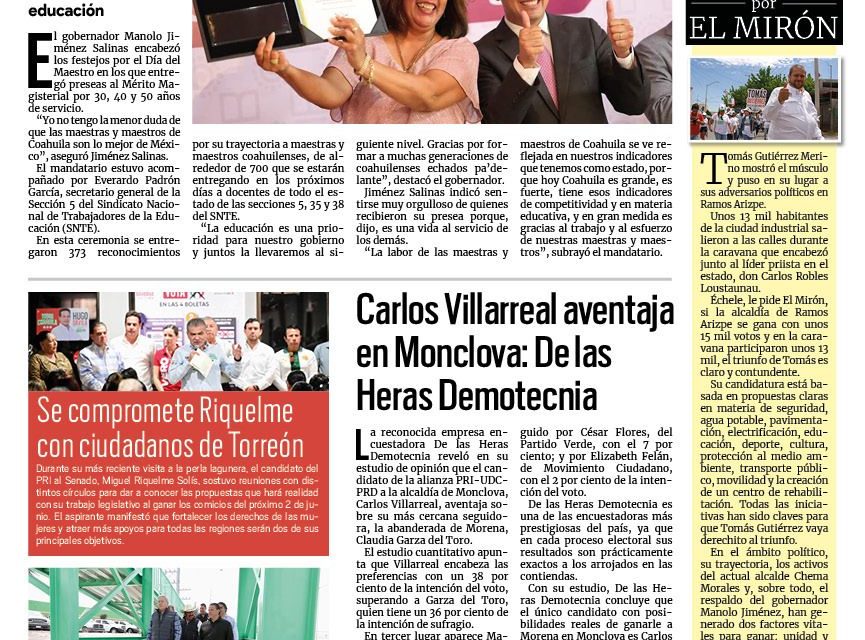 Portada RCG Media [14 de mayo de 2024] ‘Maestros de Coahuila, lo mejor de México’; Carlos Villarreal aventaja en Monclova: De las Heras Demotecnia y más…