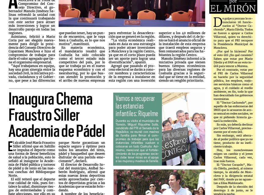 Portada RCG Media [22 de mayo de 2024] Preside Manolo Jiménez Toma de Compromisos de Coparmex Monclova; inaugura Chema Fraustro Academia de Pádel  y más…