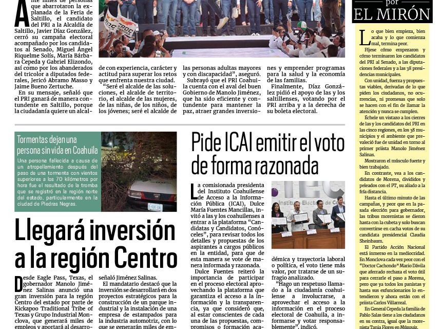 Portada RCG Media [30 de mayo de 2024] Trabajará Javier Díaz por el presente y el futuro de Saltillo; llegará millonaria inversión a la región Centro y más…