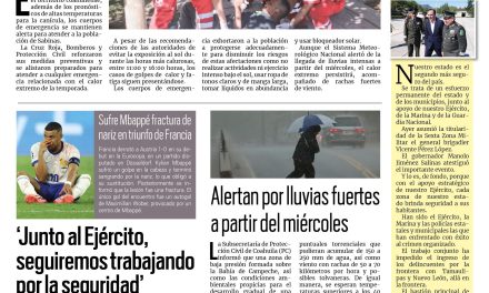 Portada RCG Carbonífera [18 de junio de 2024] Intensifican vigilancia por calor extremo; Detectan billetes falsos en Sabinas y más…